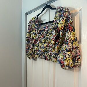 Dizzy Gals Floral Ruched Crop Top S | Puff Sleeve Square Neck Blouse